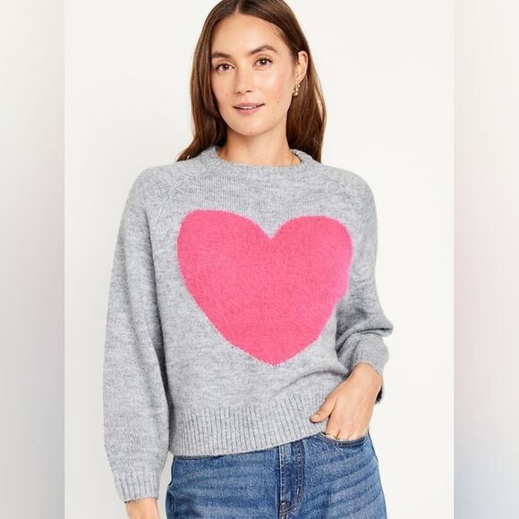 NWT Old Navy Cropped Crew-Neck Sweater large heart pink - Picture 2 of 7